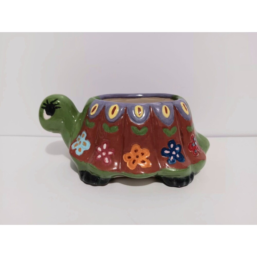 Turtle Vintage 1970's Style Hand painted Planter Ceramic Home Decor 2"×5"